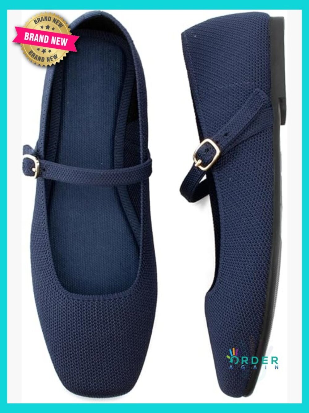 Square Toe Knit Ballet Flats with Adjustable Ankle Strap Comfortable Dressy